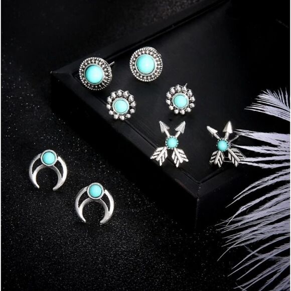 2 Sets Retro Turquoise Stud Women's Four Pair In Each Set - Picture 3 of 4